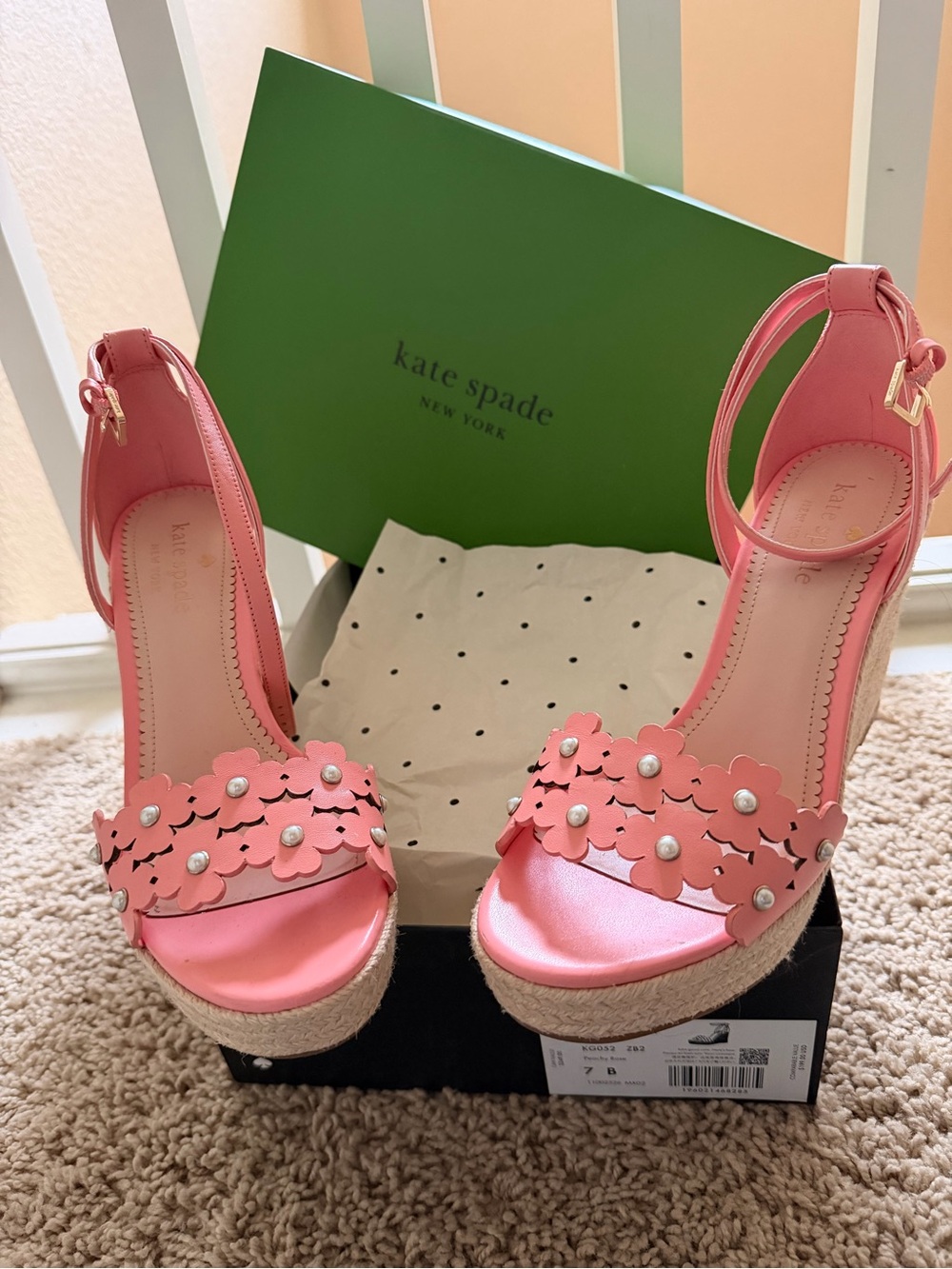 Kate Spade Peachy Rose Daisy Pearl Espadrille Wedge Sandals
